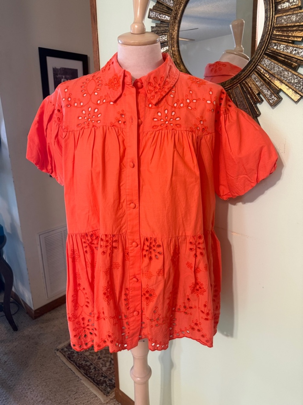 New Cato Coral Eyelet Button-Front Short Sleeve Blouse